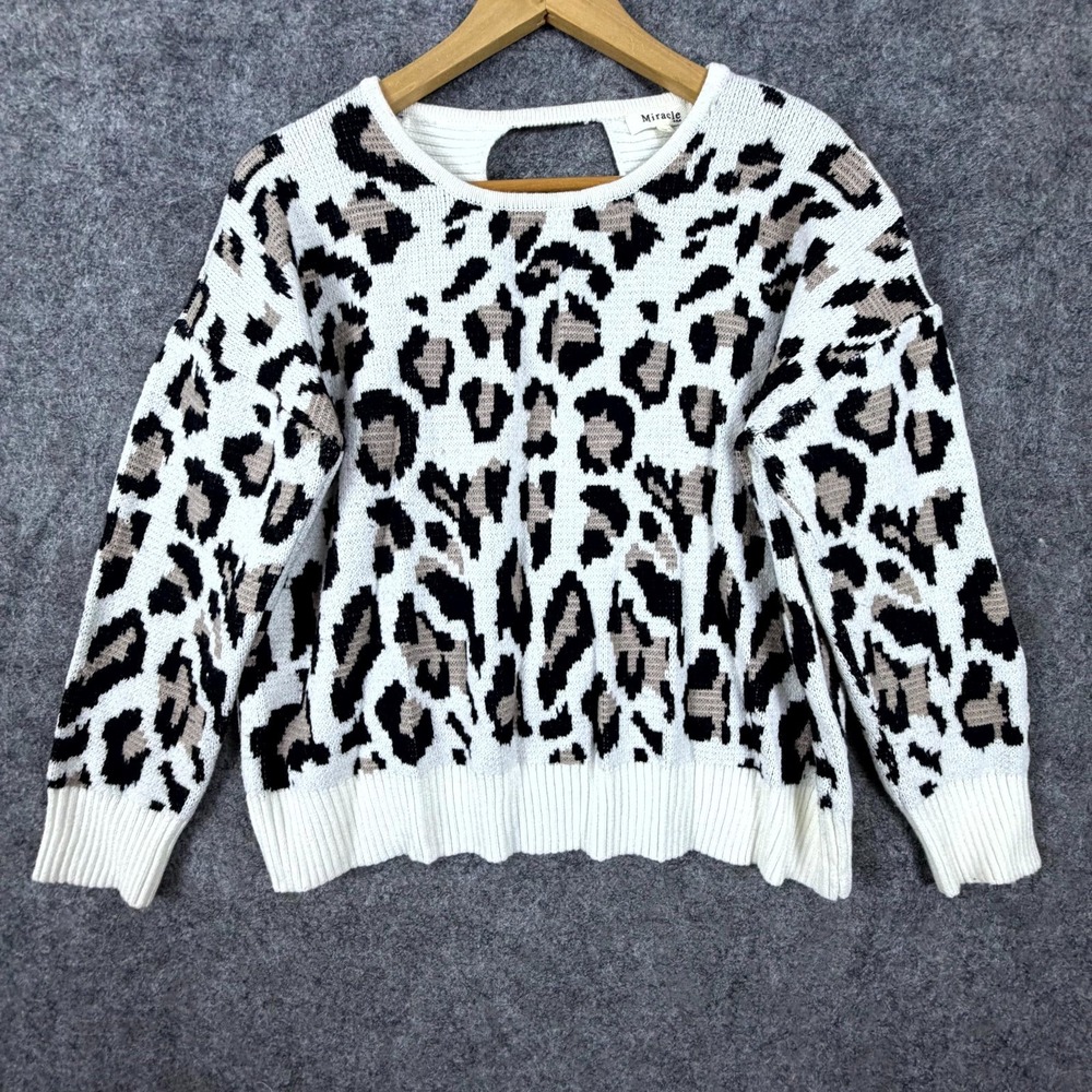 Miracle USA Sweater Women M/L White Black Leopard Print Knit Open Back Pullover